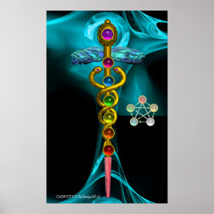 PÓSTER CADUCEUS DE ORO Y 7 CHAKRAS EN ROSA FRACTAL AZUL