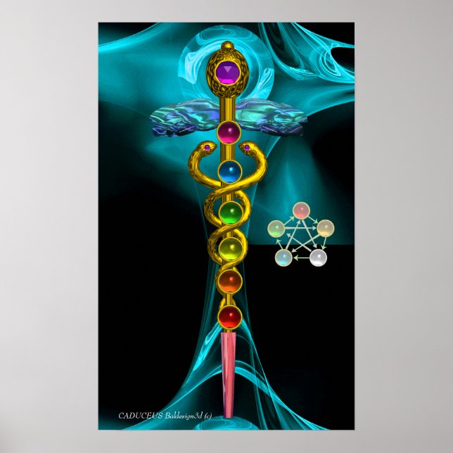 PÓSTER CADUCEUS DE ORO Y 7 CHAKRAS EN ROSA FRACTAL AZUL (Frente)