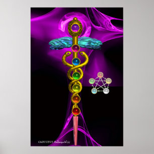 PÓSTER CADUCEUS DE ORO Y 7 CHAKRAS EN ROSA FRACTAL PURPLE