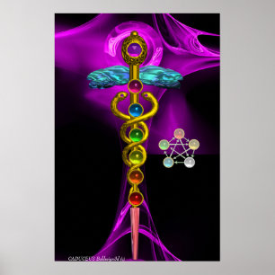 PÓSTER CADUCEUS DE ORO Y 7 CHAKRAS EN ROSA FRACTAL PURPLE