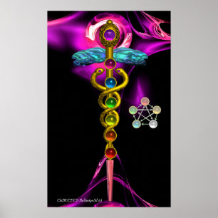 PÓSTER CADUCEUS DE ORO Y 7 CHAKRAS EN ROSA FRACTAL ROJO
