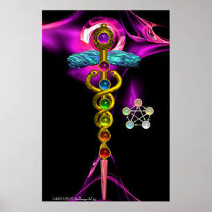PÓSTER CADUCEUS DE ORO Y 7 CHAKRAS EN ROSA FRACTAL ROJO