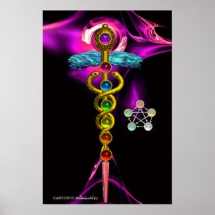 PÓSTER CADUCEUS DE ORO Y 7 CHAKRAS EN ROSA FRACTAL ROJO