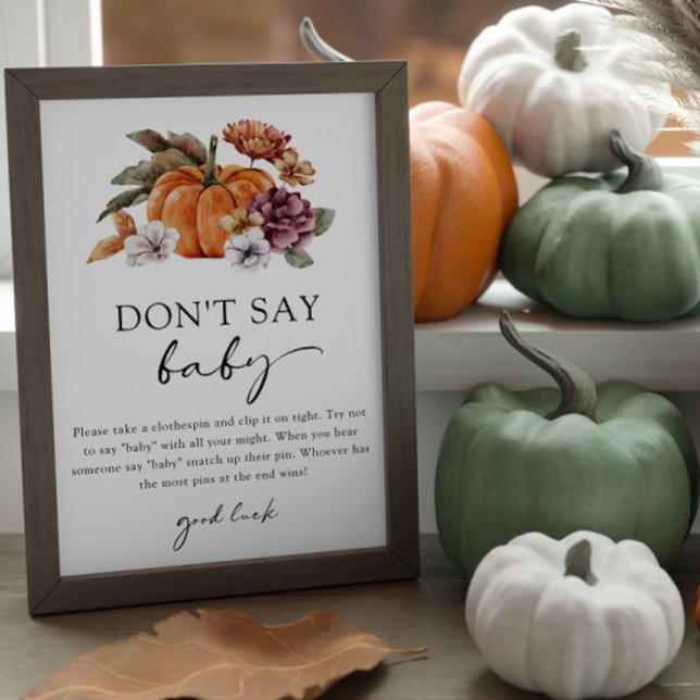 Póster Cae No digas juego del bebé (Don't Say Baby Game Sign Baby Shower Fall Pumpkins)