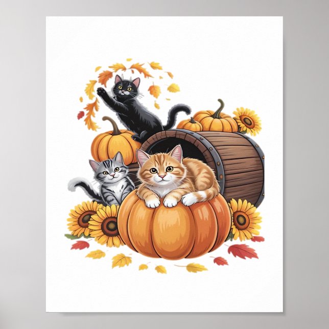 Póster Caen los gatos Calabazas de otoño Girasol de Acció (Frente)