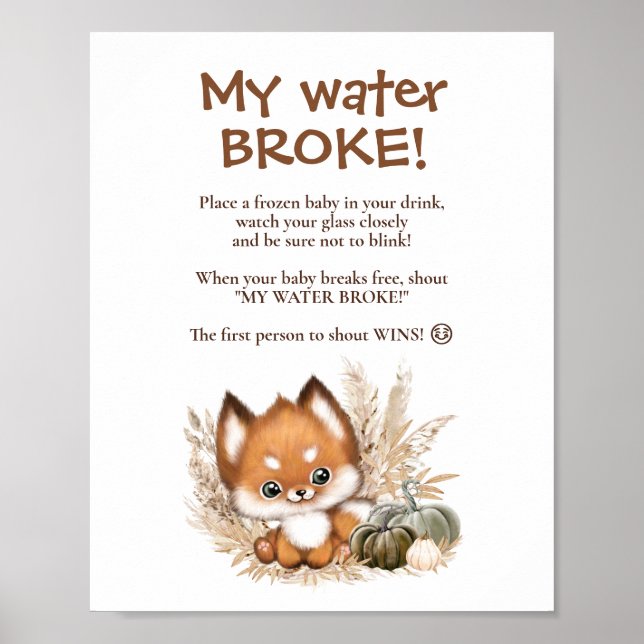 Póster Caer Baby Shower Fox My Water Broke Game Rótulo (Frente)