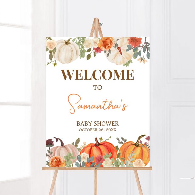 Póster Caer En Amor Calabaza Floral Bienvenido Baby Showe (Fall Floral Pumpkin Baby Shower Welcome Sign)