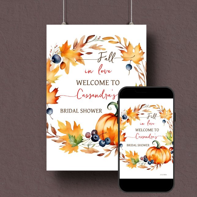 Póster Caer en la calabaza de amor signo de bienvenida de (Fall in love bridal shower welcome sign template instant digital download pumpkin leaves wreath)