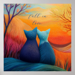 Póster Caer enamorada, dos gatos robados y paisaje otoñal