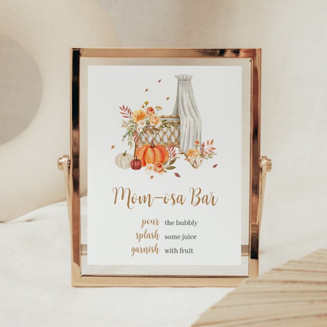 Póster Caer Enamorada Naranja Calabaza Mamá Rótulo Bar Os (Fall Floral Pumpkin Baby Shower Mom Osa Bar Sign)