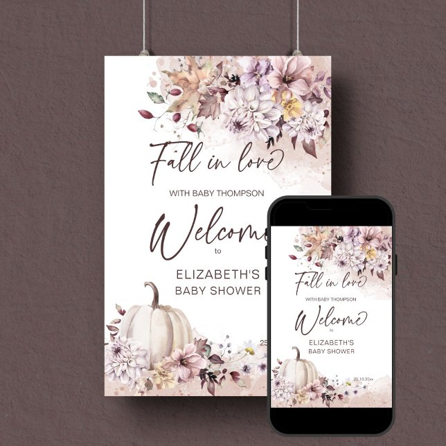 Póster Caer enamorado de la ducha bebé boho cartel de bie (Fall in love boho pumpkin dahlia baby shower editable template welcome sign instant digital download)
