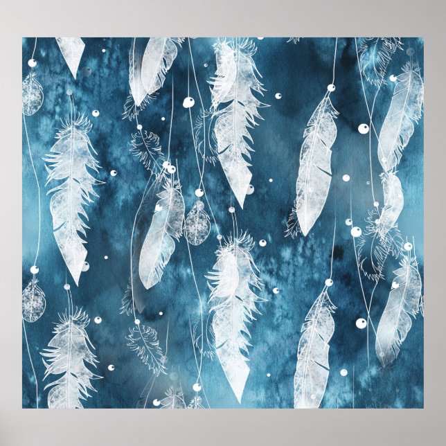 Póster Caer plumas blancas, color azul. (Frente)