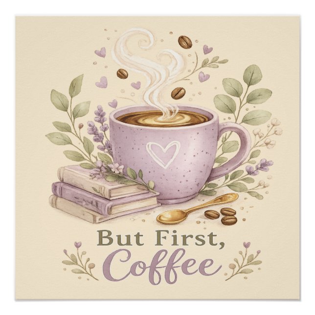 Póster Café Acuarela de Lavanda Acogedor (Anverso)