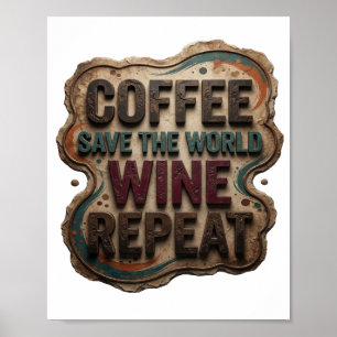 PÓSTER CAFÉ AZUL MODERNO SALVA EL MUNDO VINO REPITE