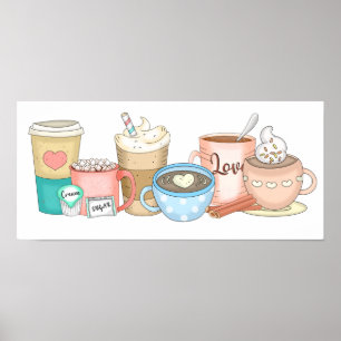 Póster Café caprichoso y café caliente dibujado a mano