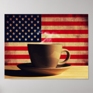 Póster Café con bandera estadounidense