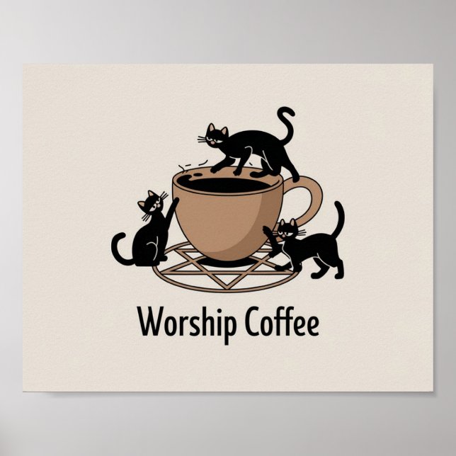 Póster Café de culto feliz, gatitos de café de culto (Frente)