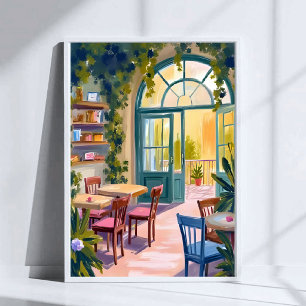 Póster Café del Jardín Pintura en Acuarela Botánica