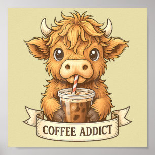 Póster Café delicioso de café de vaca de la Cute Highland
