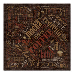 Póster Café en Burlap Word Cloud Brown ID283