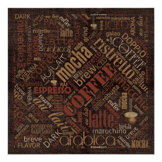 Póster Café en Burlap Word Cloud Brown ID283 (Anverso)