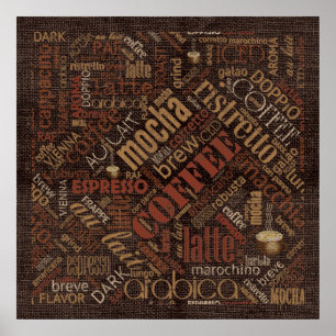 Póster Café en Burlap Word Cloud Brown ID283