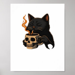 Póster Café Gato Oscuro Con Mug De Calavera Sobredimensio