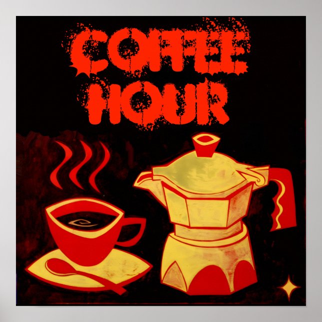 Póster CAFÉ HORA / Taza de café amarillo rojo y cafetera (Frente)