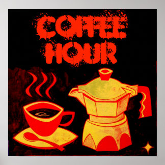 Póster CAFÉ HORA / Taza de café amarillo rojo y cafetera