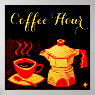 Póster CAFÉ HORA / Taza De Café Amarillo Rojo Y Cafetería
