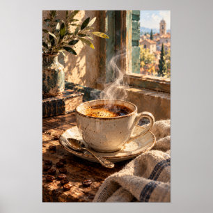 Póster Café humeante junto a una ventana iluminada por el
