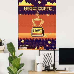Póster Café Mágico - Poster Retro Pixel Art Gamer   8-Bi