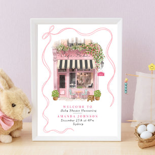 Póster Café Parisino Bonjour Bebe Lazo Rosa Baby Shower
