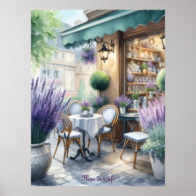 Póster Café Parisino con Floraciones de Lavanda (Frente)