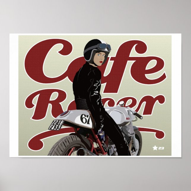 Póster Cafe Racer Chica en moto Moto Guzzi (Frente)