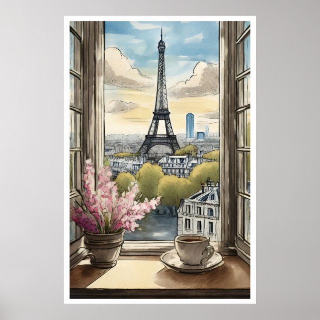 Póster Café sobre París y la Torre Eiffel Poster (Frente)