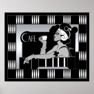 Póster Café Vintage Arte Deco Franja Negro