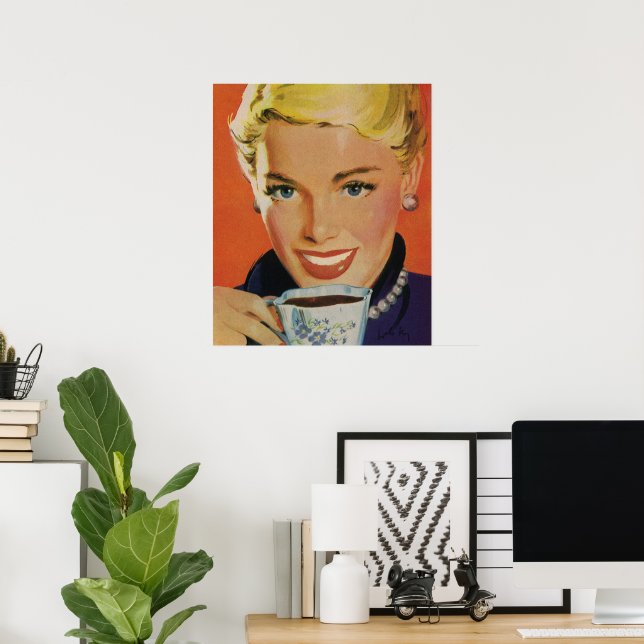 Póster Café Vintage, mujer feliz con café retro (Oficina en casa)