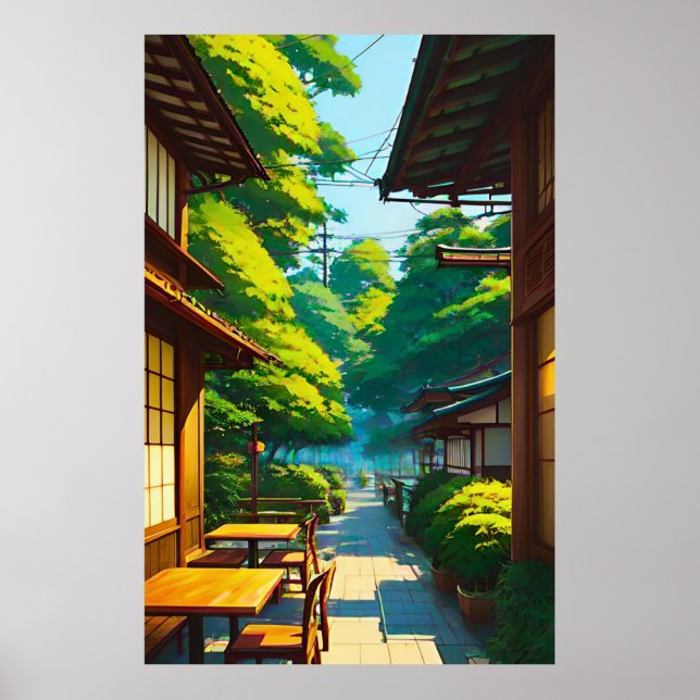 Póster Cafetería al aire libre de un jardín japonés (Frente)