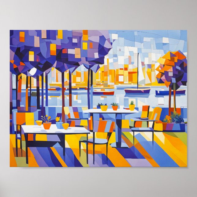 Póster Cafetería Cubist al aire libre con mesas (Frente)