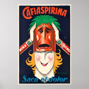 Póster Cafiaspirina Saca el Dolor Bayer Aspirina Antiguo
