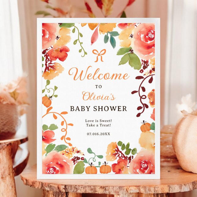 Póster Caída Calabaza Boho ducha de bebé florida bienveni (Fall Boho pumpkin floral baby shower welcome Poster)