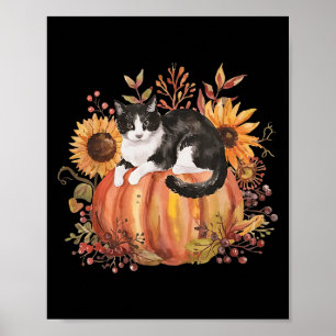 Póster Caída Calabaza Tuxedo Cat Sunflower Acción de Grac