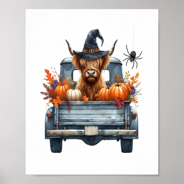 Póster Caída de Halloween en la vaca Highland (Frente)