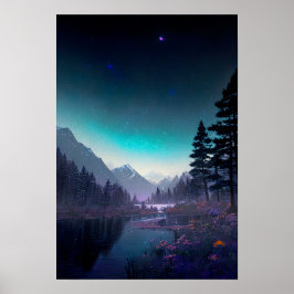 Póster Caída del río: Bosque, flores y estrellas