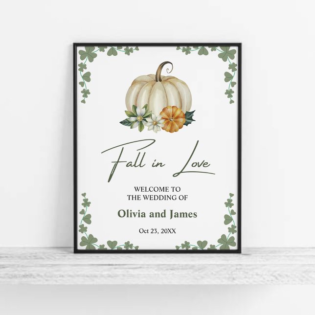 Póster Caída en el amor Calabaza Sabor Bienvenida Boda Ve (Fall in Love Pumpkin Greenery Sage Green Wedding Welcome Sign   )