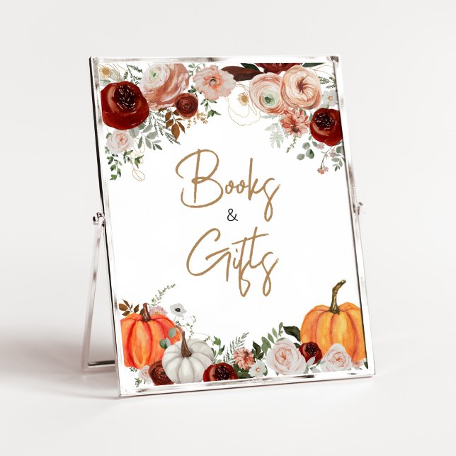 Póster Caída Marsala Borgoña Libros y Regalos (Fall Floral Pumpkin Baby Shower Books and Gifts Sign)