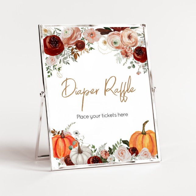 Póster Caída Marsala Burgundy Calabaza Floral Diaper Raff (Fall Floral Pumpkin Baby Shower Diaper Raffle Sign)