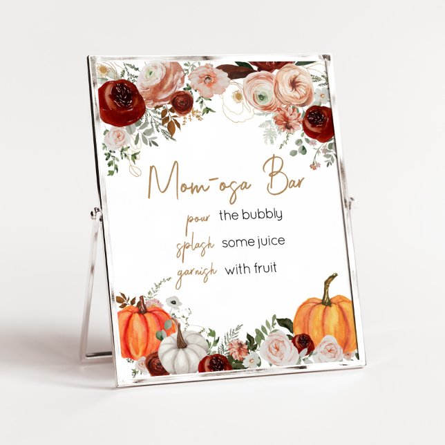 Póster Caída Marsala Burgundy Floral Calabaza Mamá Osa Ba (Fall Floral Pumpkin Baby Shower Mom Osa Bar Sign)