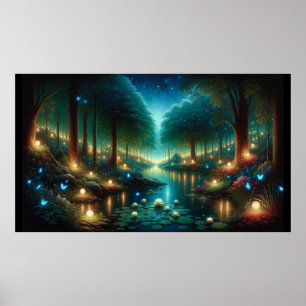 Póster Caída nocturna encantada: Luminescencia en el lago